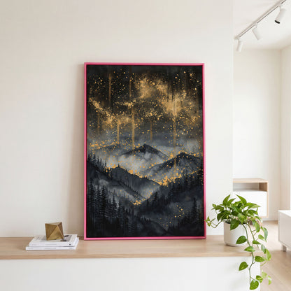 Gold and Black Mountain Abstract Canvas in pink floating frame