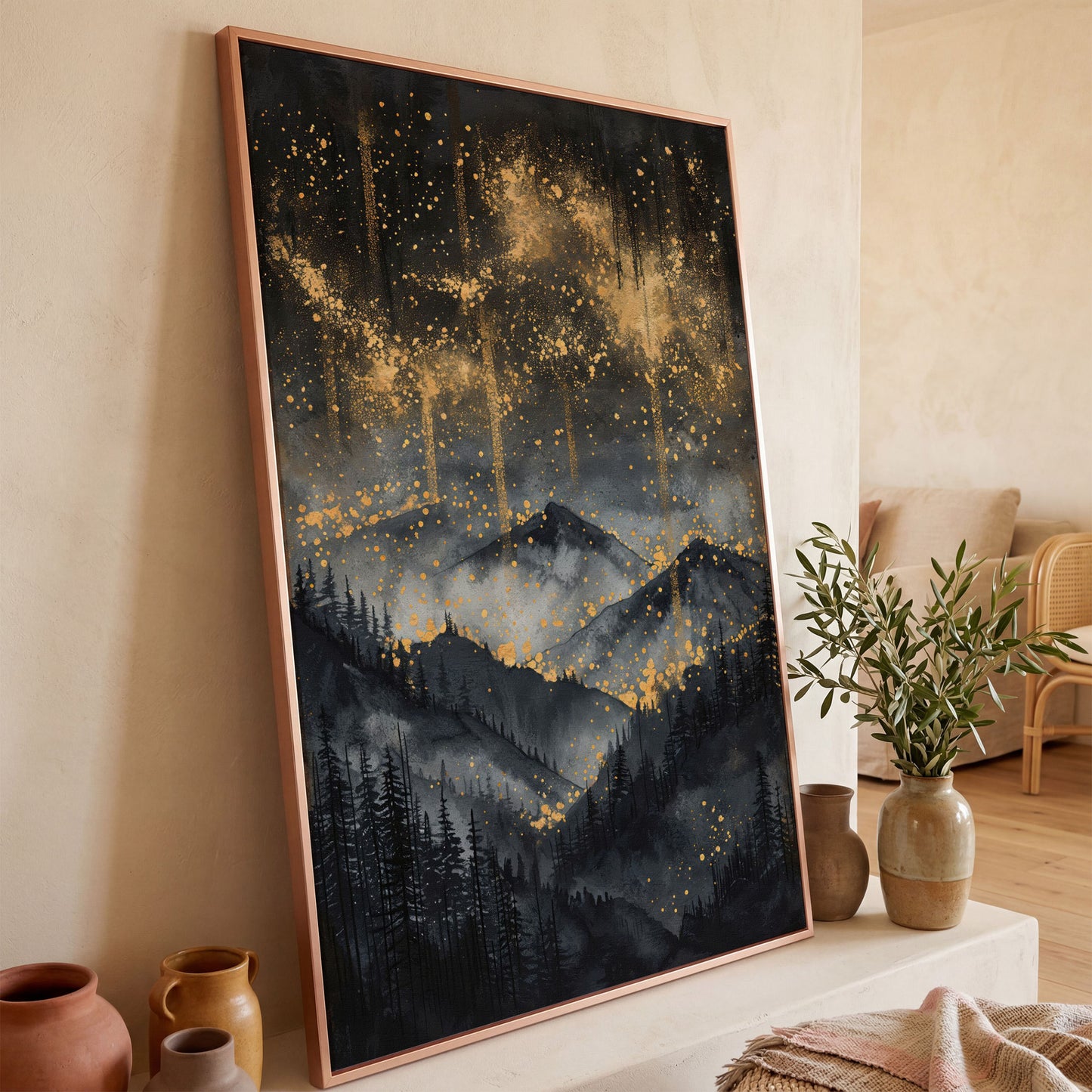 Gold and Black Mountain Abstract Canvas in rose gold floating frame