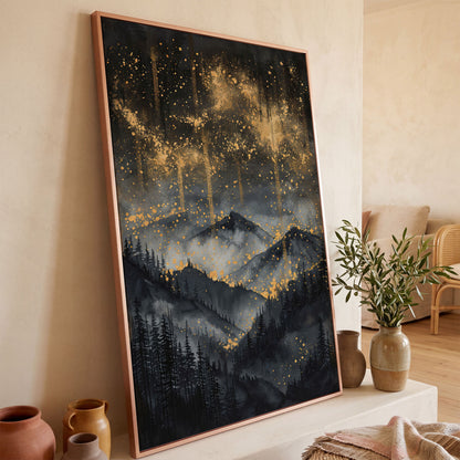 Gold and Black Mountain Abstract Canvas in rose gold floating frame
