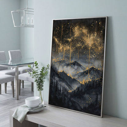 Gold and Black Mountain Abstract Canvas in silver floating frame