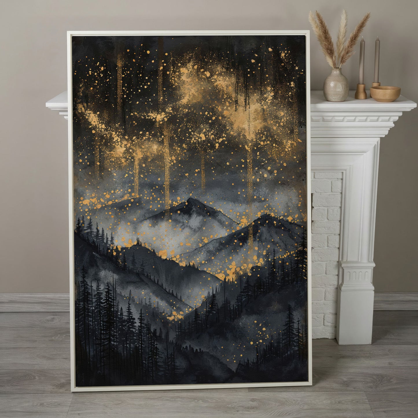 Gold and Black Mountain Abstract Canvas in white floating frame