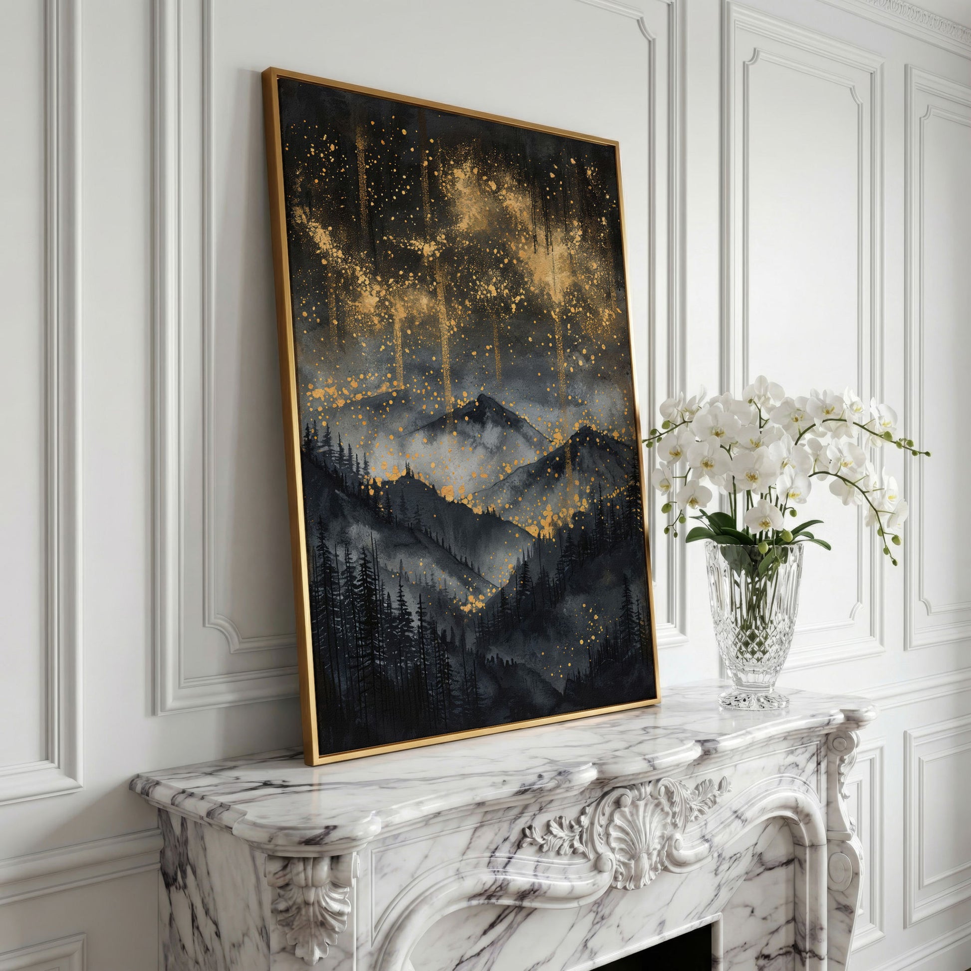 Gold and Black Mountain Abstract Canvas in yellow gold floating frame