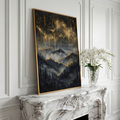 Gold and Black Mountain Abstract Canvas in yellow gold floating frame