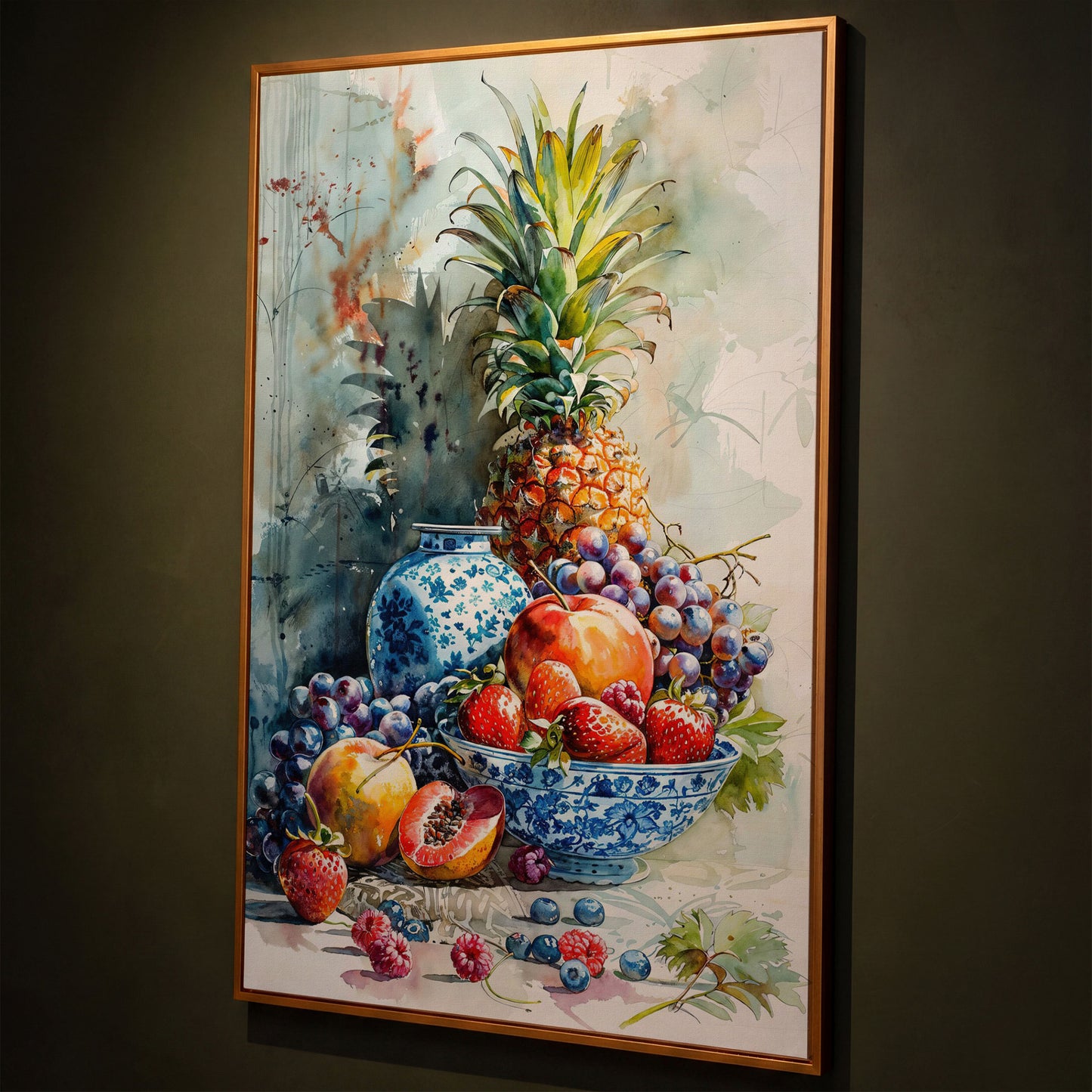 Fruit Assortment Still Life Canvas shown in antique gold floating frame