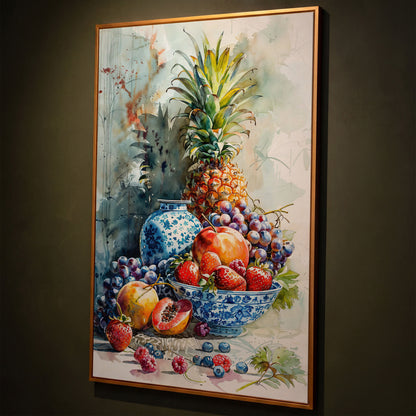 Fruit Assortment Still Life Canvas shown in antique gold floating frame