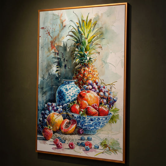 Fruit Assortment Still Life Canvas shown in antique gold floating frame