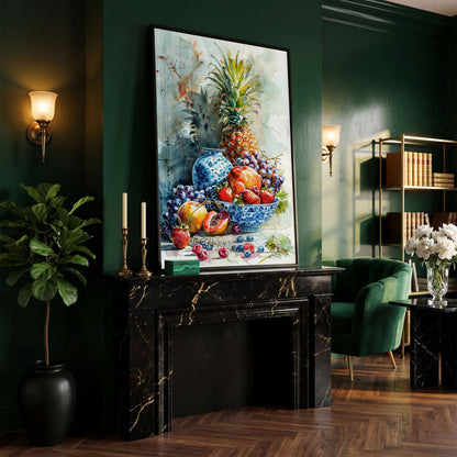 Fruit Assortment Still Life Canvas in black floating frame