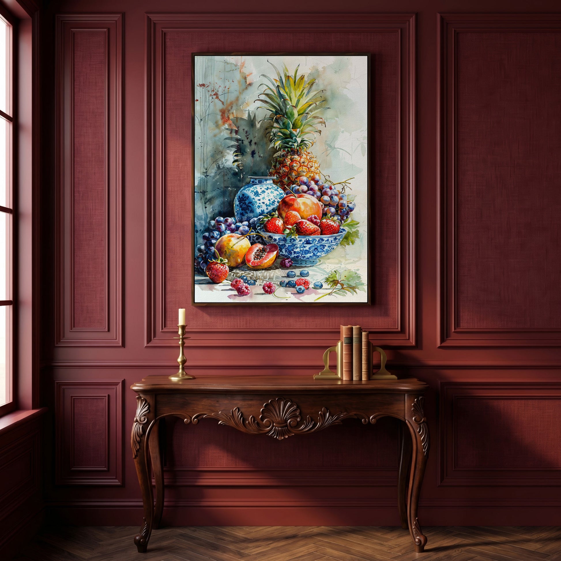 Fruit Assortment Still Life Canvas in dark walnut floating frame