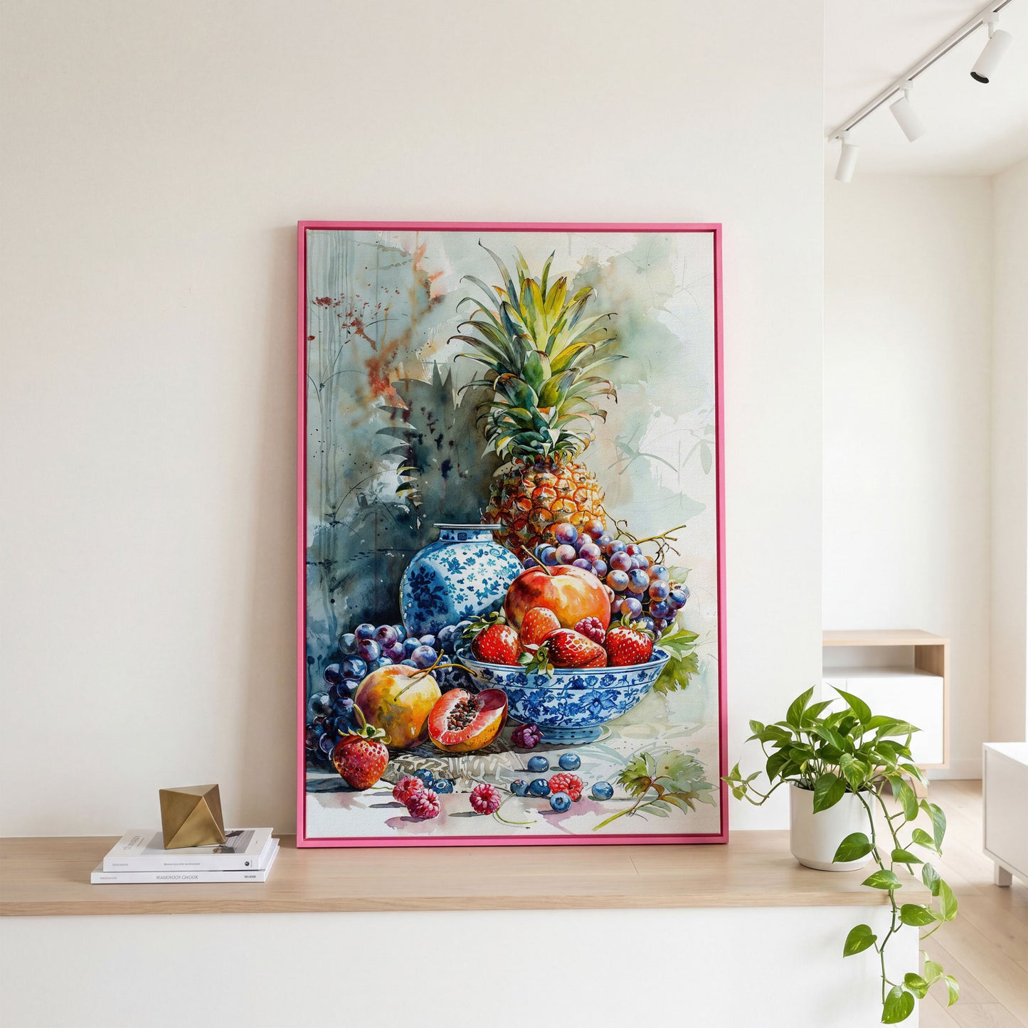 Fruit Assortment Still Life Canvas in pink floating frame