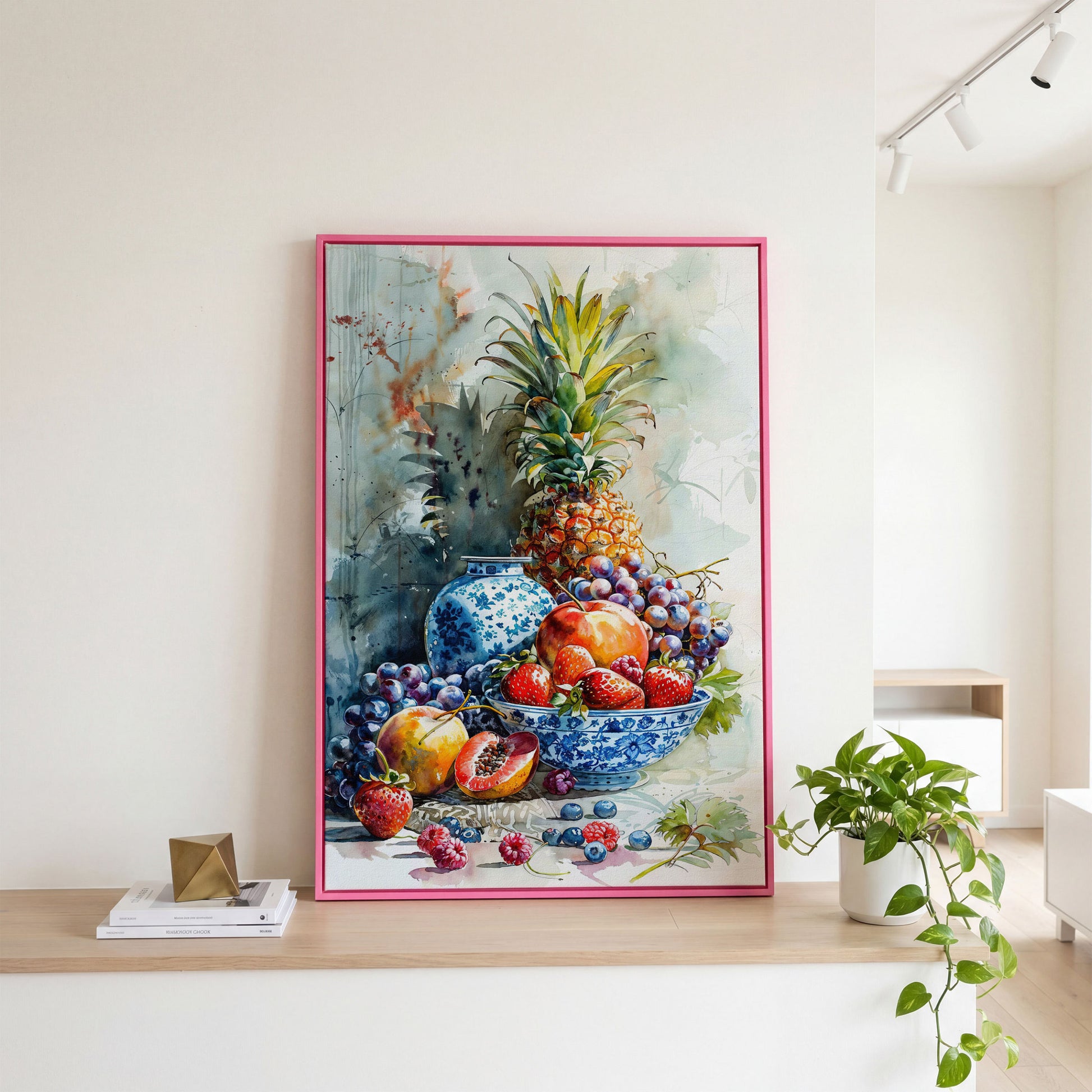 Fruit Assortment Still Life Canvas in pink floating frame