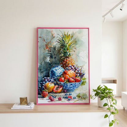 Fruit Assortment Still Life Canvas in pink floating frame
