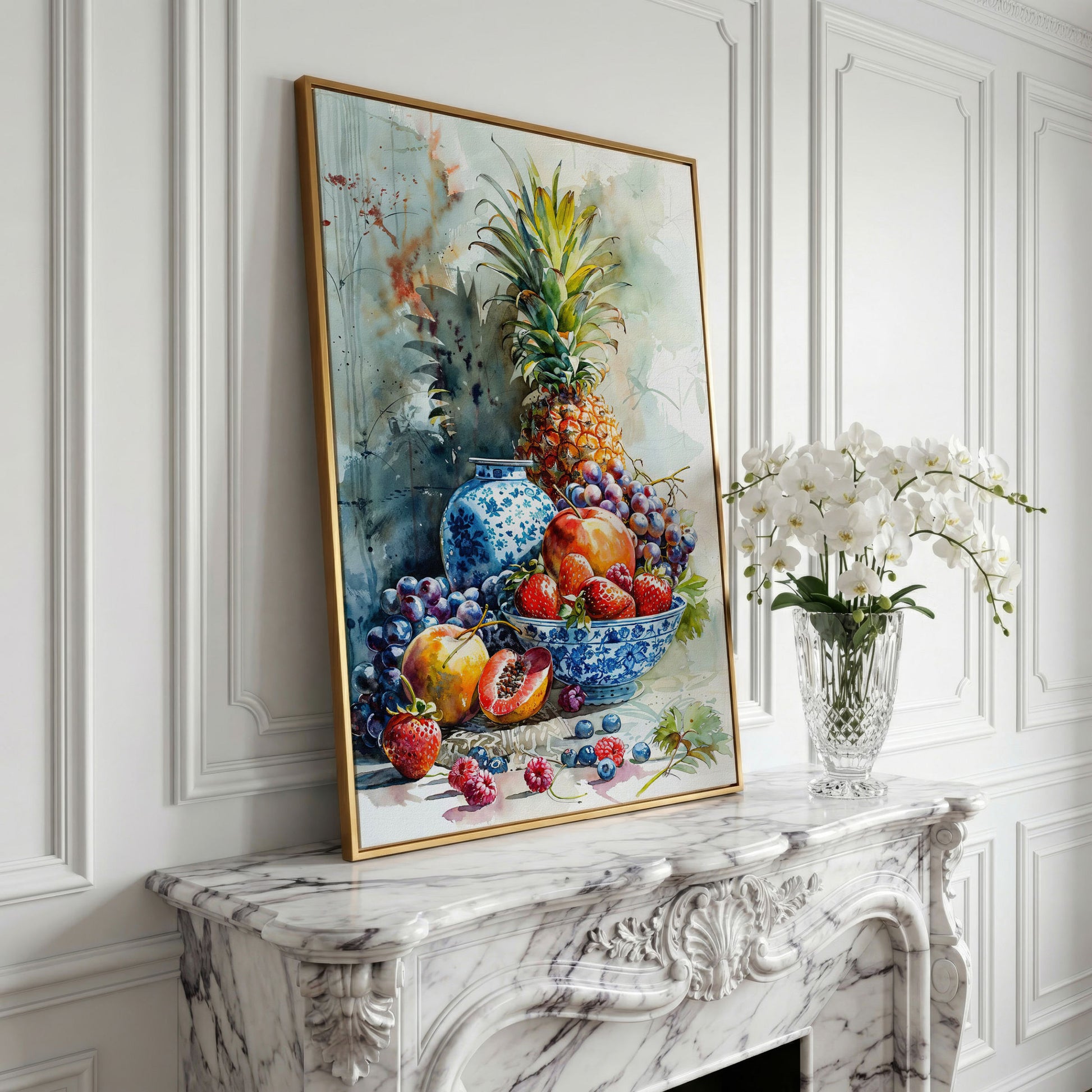 Fruit Assortment Still Life Canvas in yellow gold floating frame