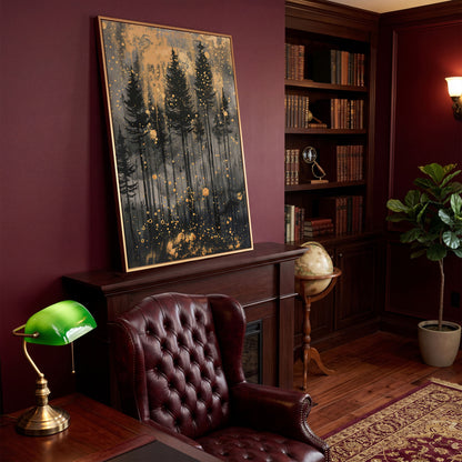 Pine Forest Silhouette with Gold Starry Night Canvas in antique gold floating frame