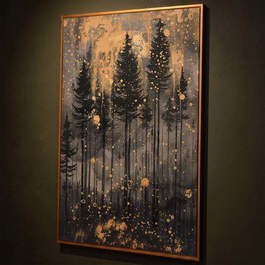 Pine Forest Silhouette with Gold Starry Night Canvas shown in antique gold floating frame