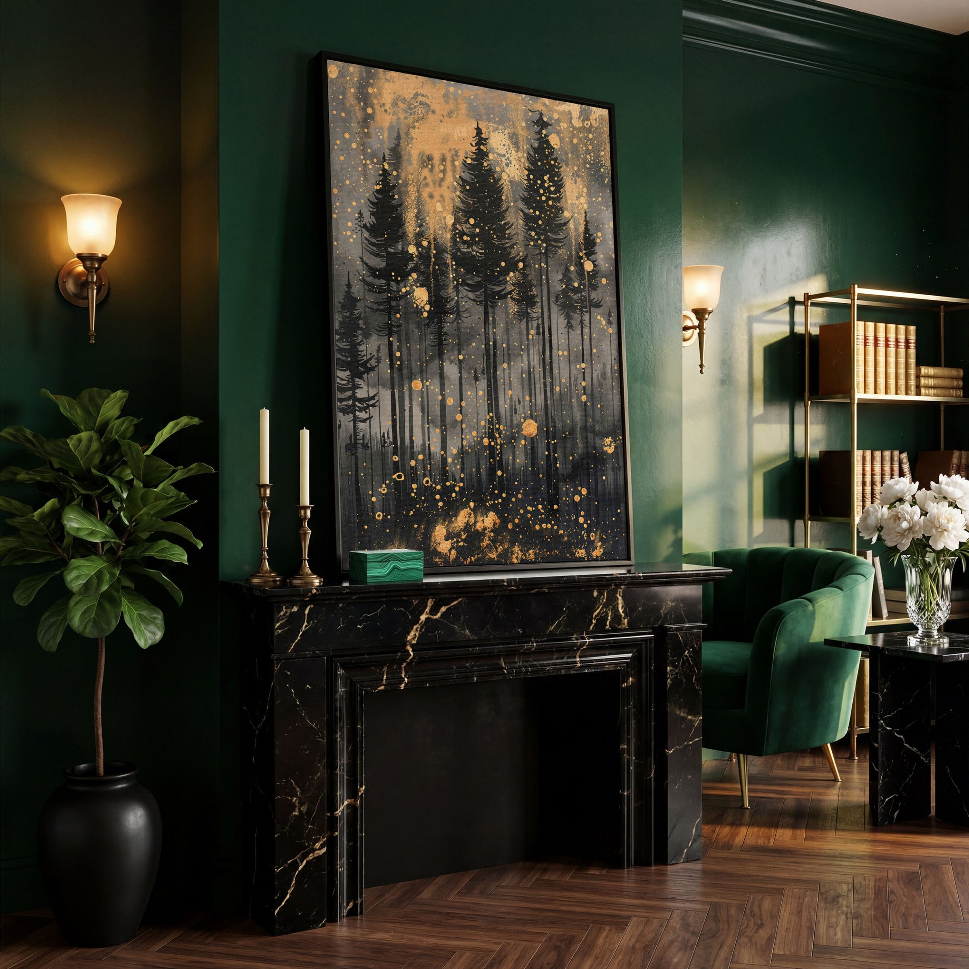 Pine Forest Silhouette with Gold Starry Night Canvas in black floating frame