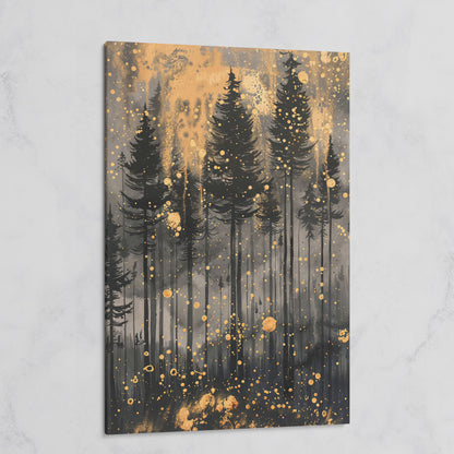 Pine Forest Silhouette with Gold Starry Night Canvas on gallery wrap