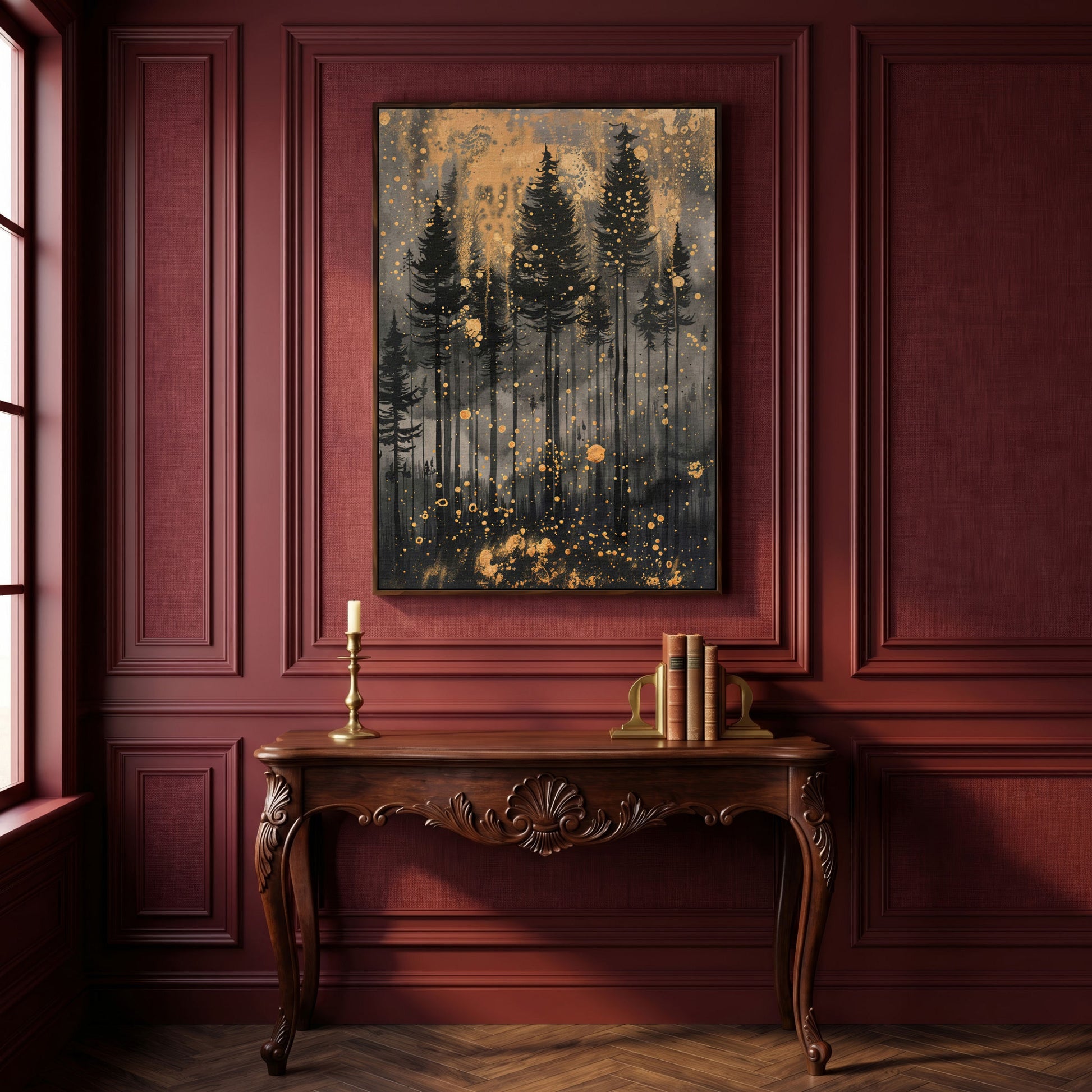 Pine Forest Silhouette with Gold Starry Night Canvas in dark walnut floating frame