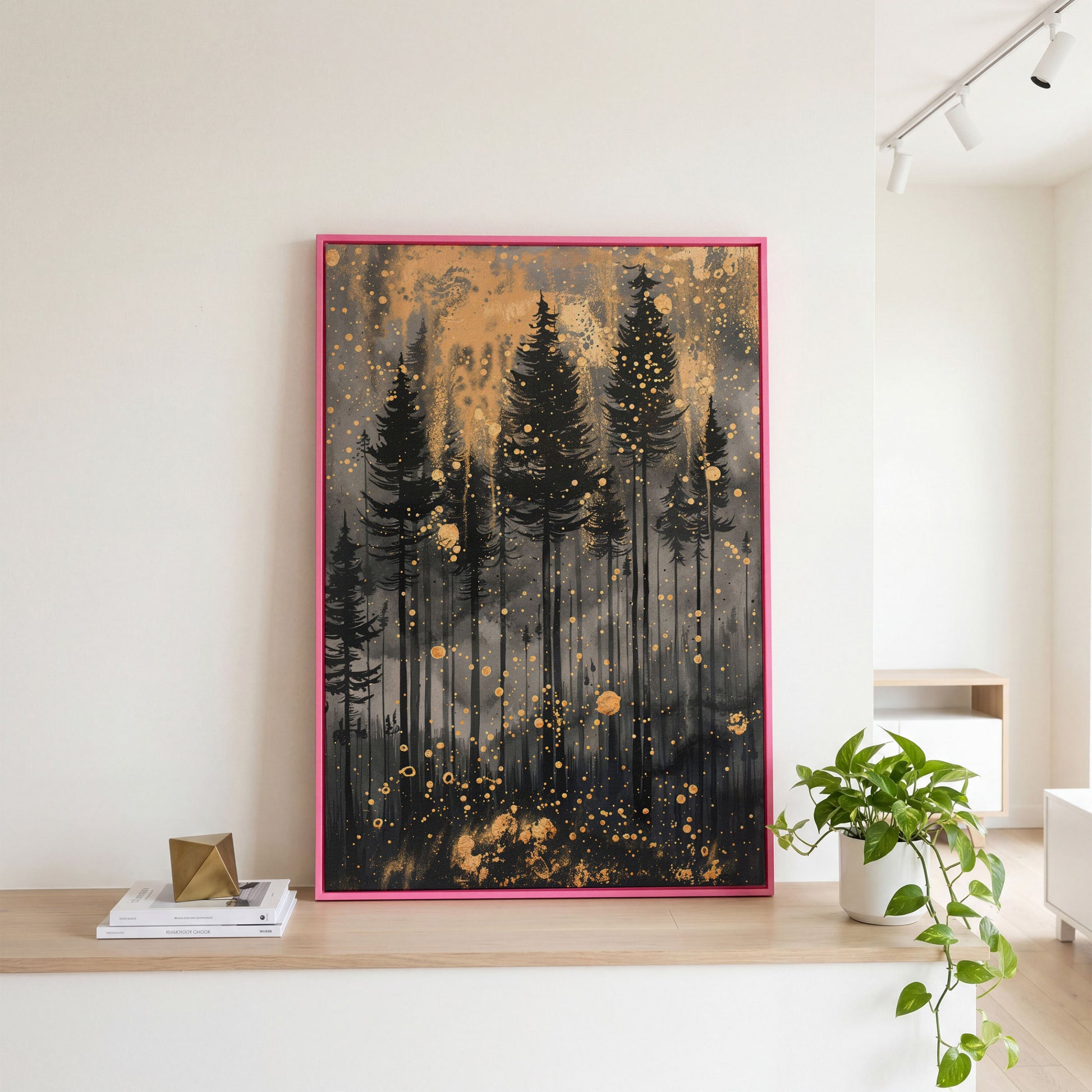 Pine Forest Silhouette with Gold Starry Night Canvas in pink floating frame