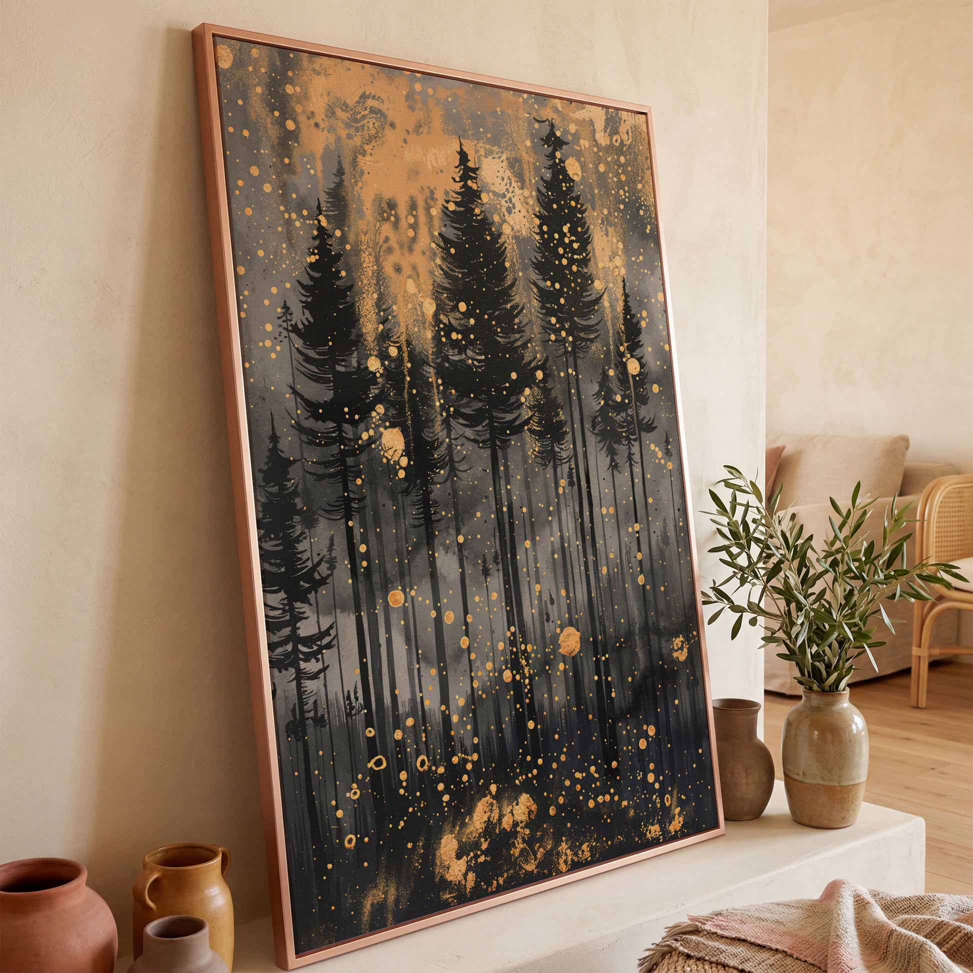 Pine Forest Silhouette with Gold Starry Night Canvas in rose gold floating frame