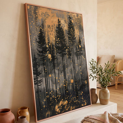 Pine Forest Silhouette with Gold Starry Night Canvas in rose gold floating frame