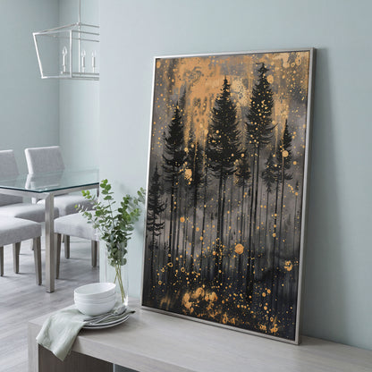 Pine Forest Silhouette with Gold Starry Night Canvas in silver floating frame