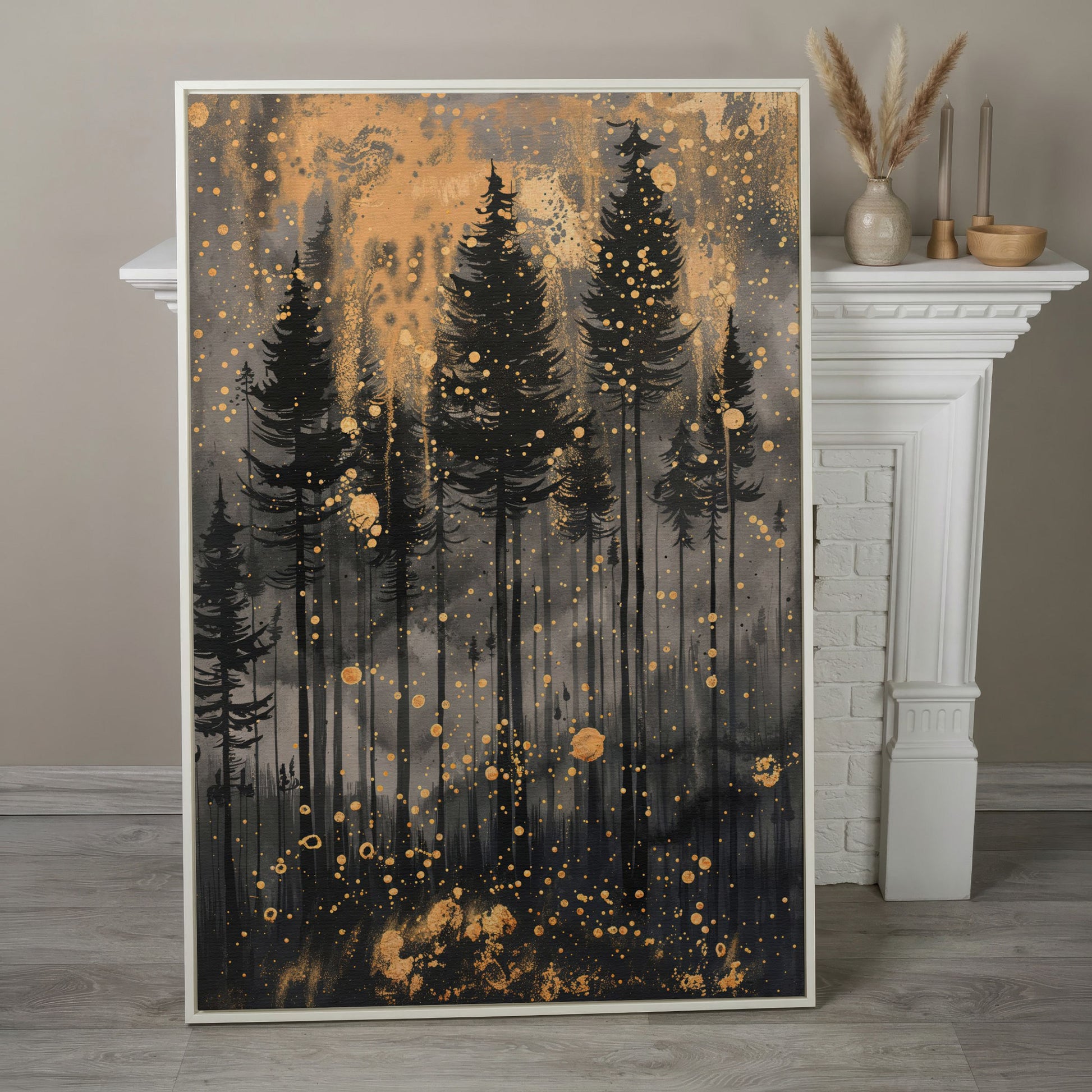 Pine Forest Silhouette with Gold Starry Night Canvas in white floating frame