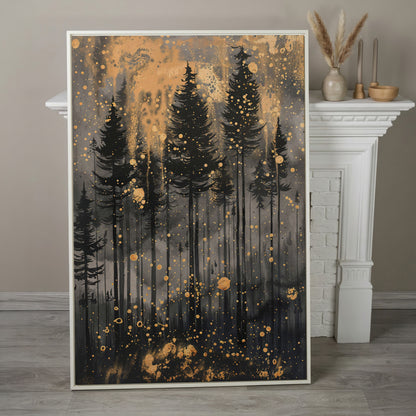 Pine Forest Silhouette with Gold Starry Night Canvas in white floating frame