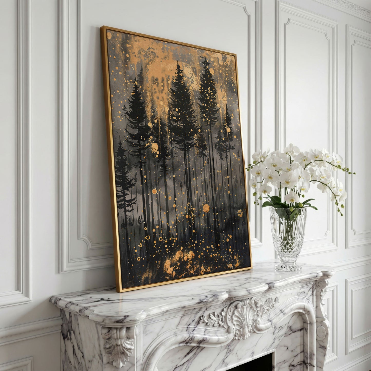 Pine Forest Silhouette with Gold Starry Night Canvas in yellow gold floating frame