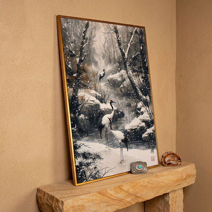Red Cranes in Winter Forest Canvas in antique gold floating frame