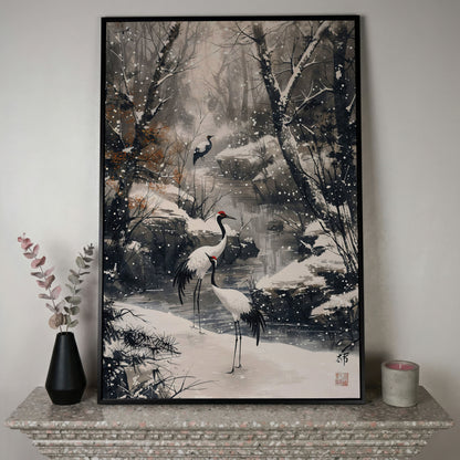 Red Cranes in Winter Forest Canvas in black floating frame