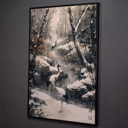Red Cranes in Winter Forest Canvas shown in black floating frame