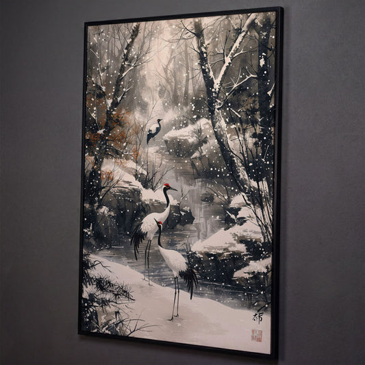Red Cranes in Winter Forest Canvas shown in black floating frame