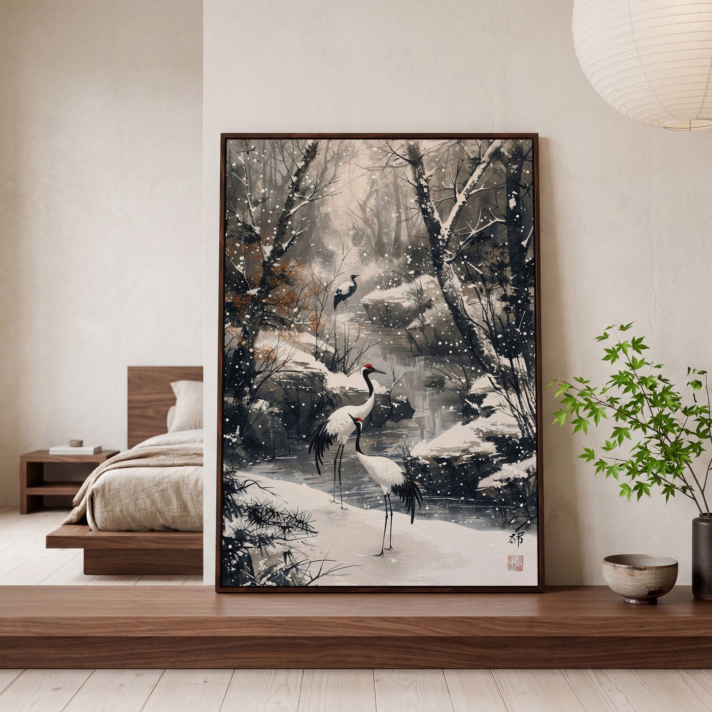 Red Cranes in Winter Forest Canvas in dark walnut floating frame