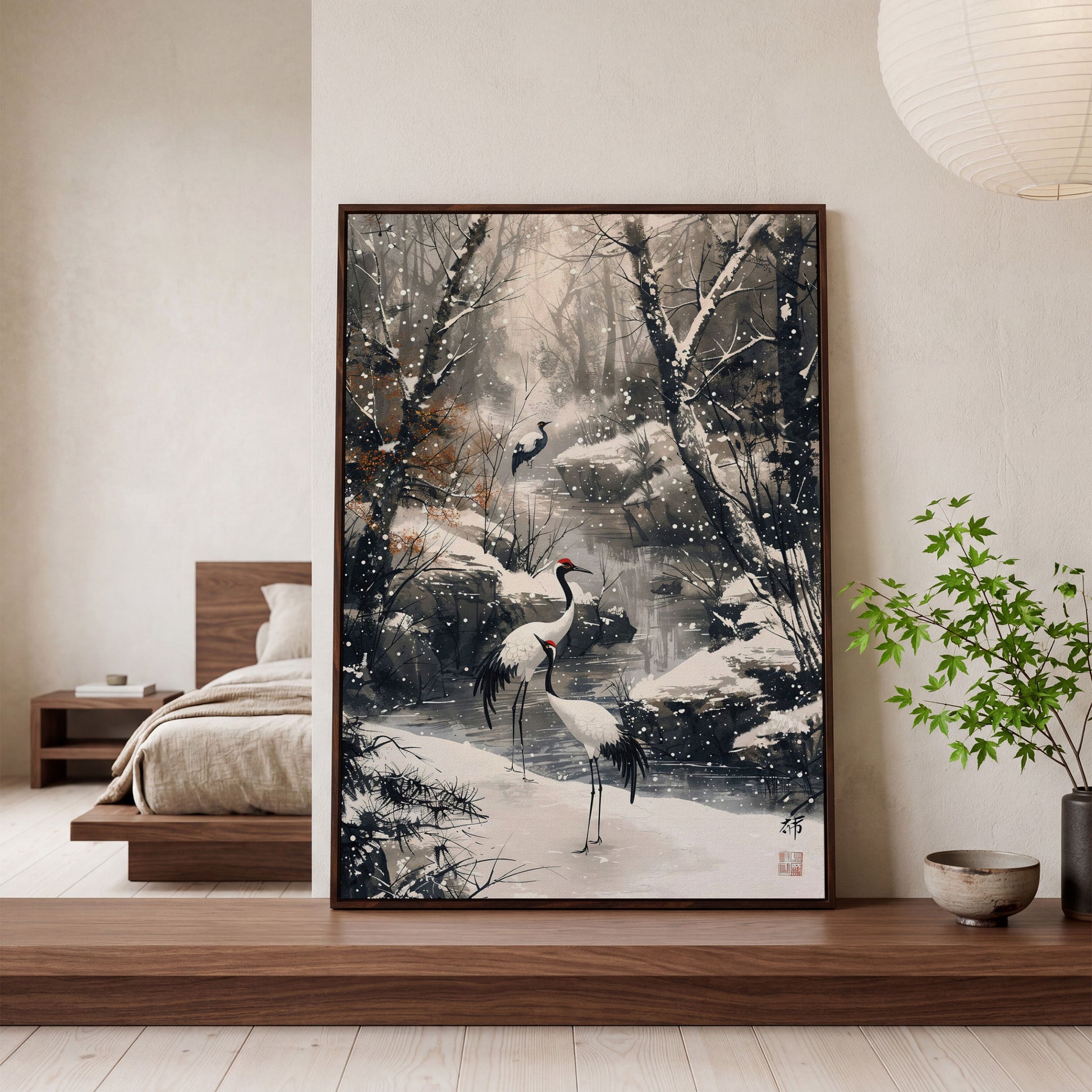 Red Cranes in Winter Forest Canvas in dark walnut floating frame