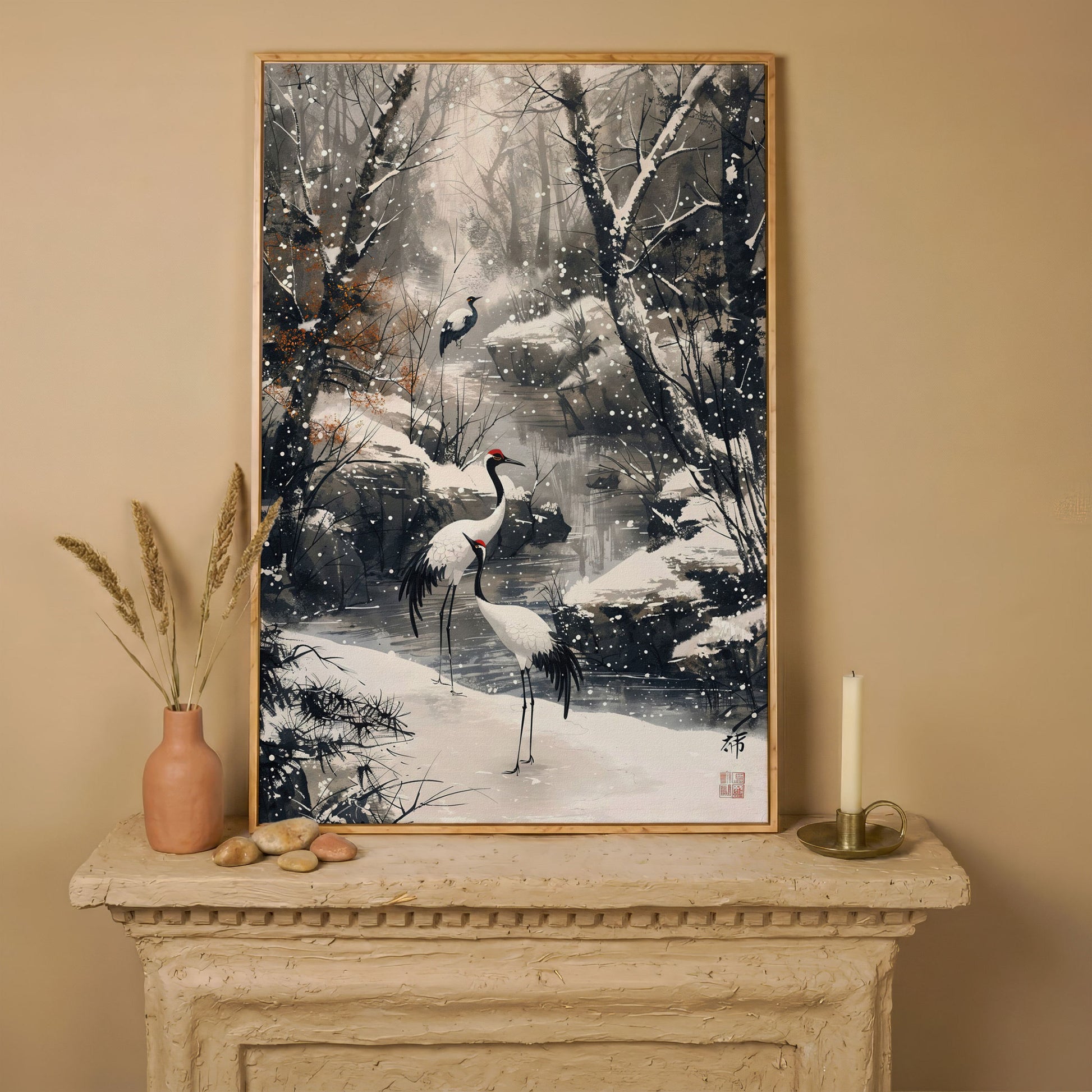 Red Cranes in Winter Forest Canvas in white oak floating frame