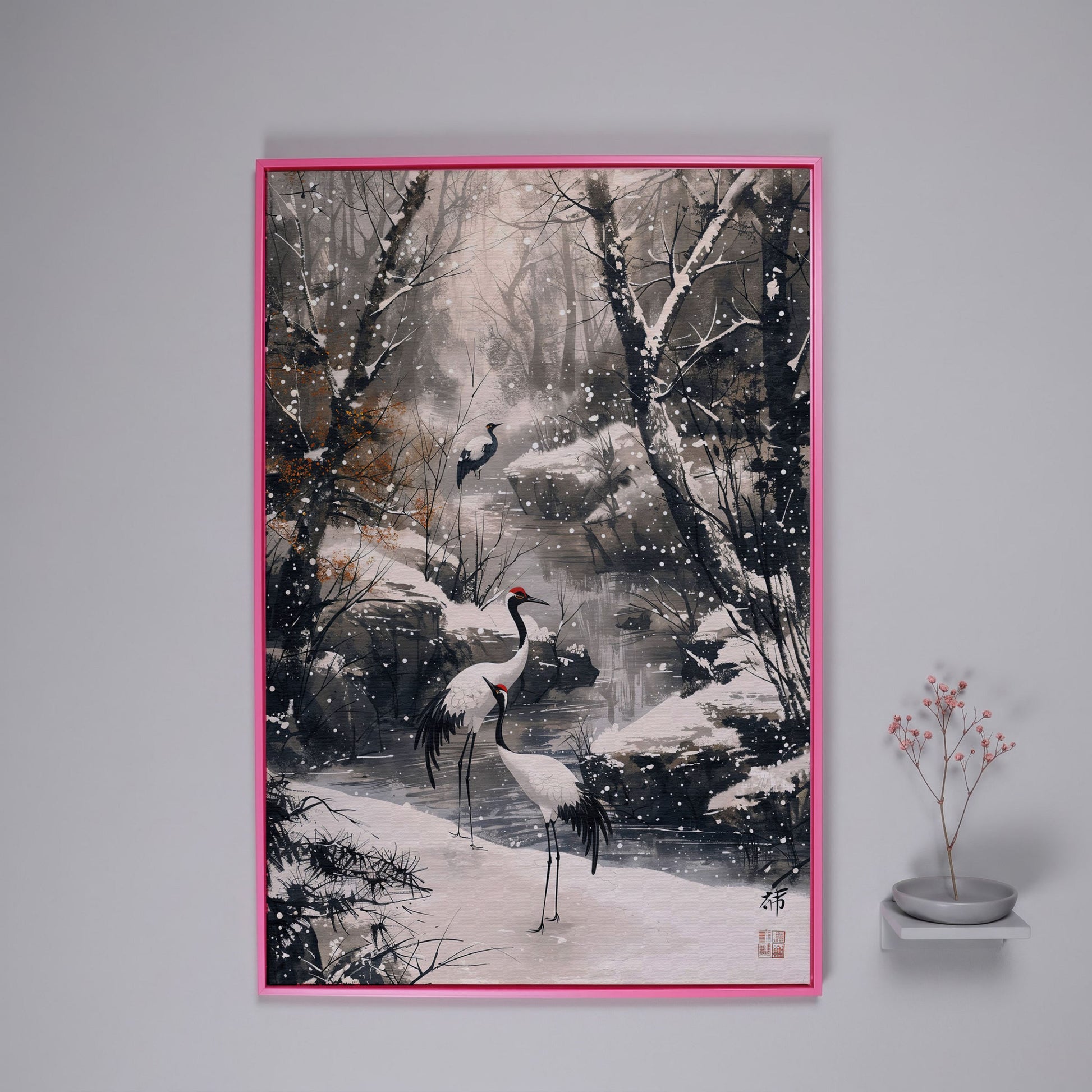 Red Cranes in Winter Forest Canvas in pink floating frame