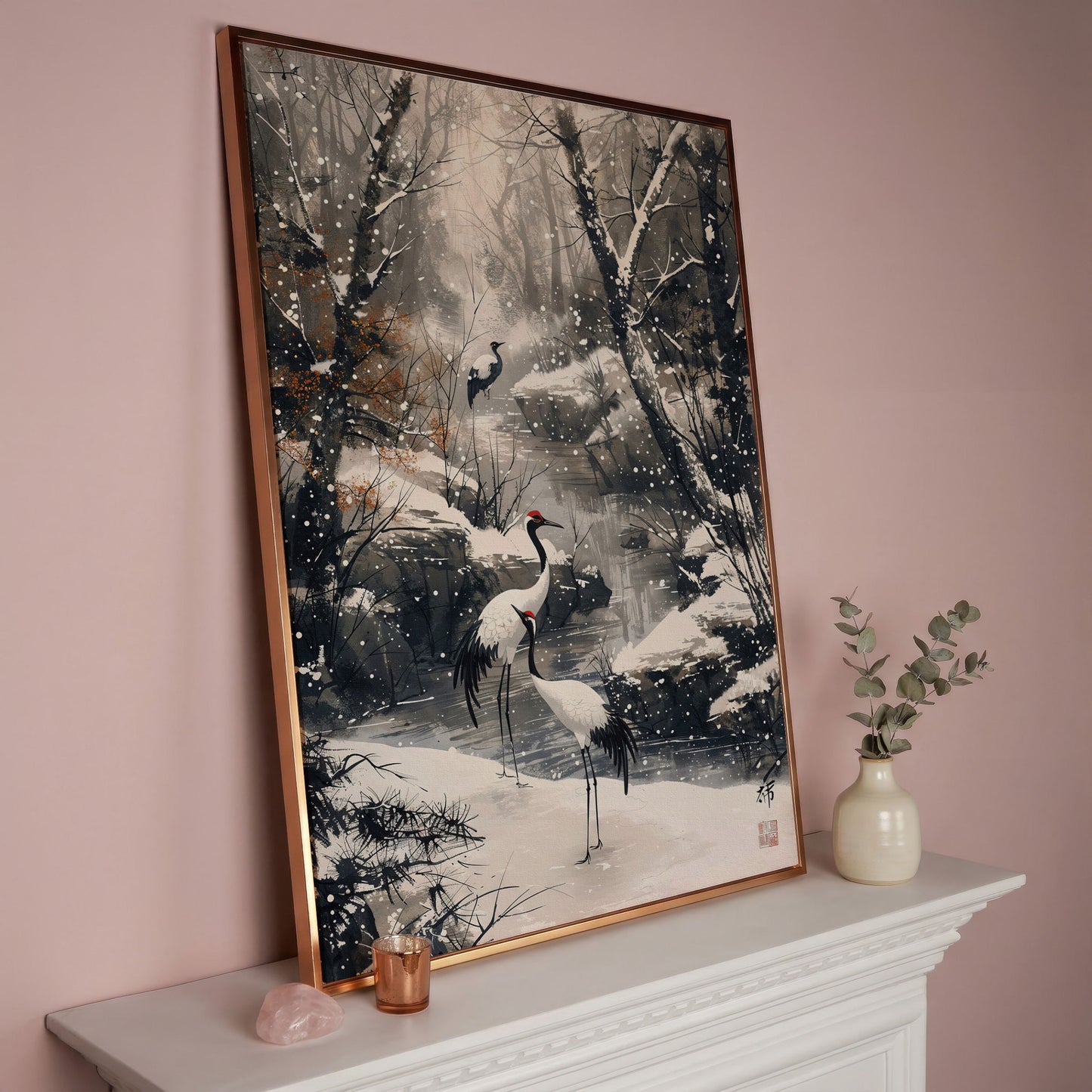 Red Cranes in Winter Forest Canvas in rose gold floating frame