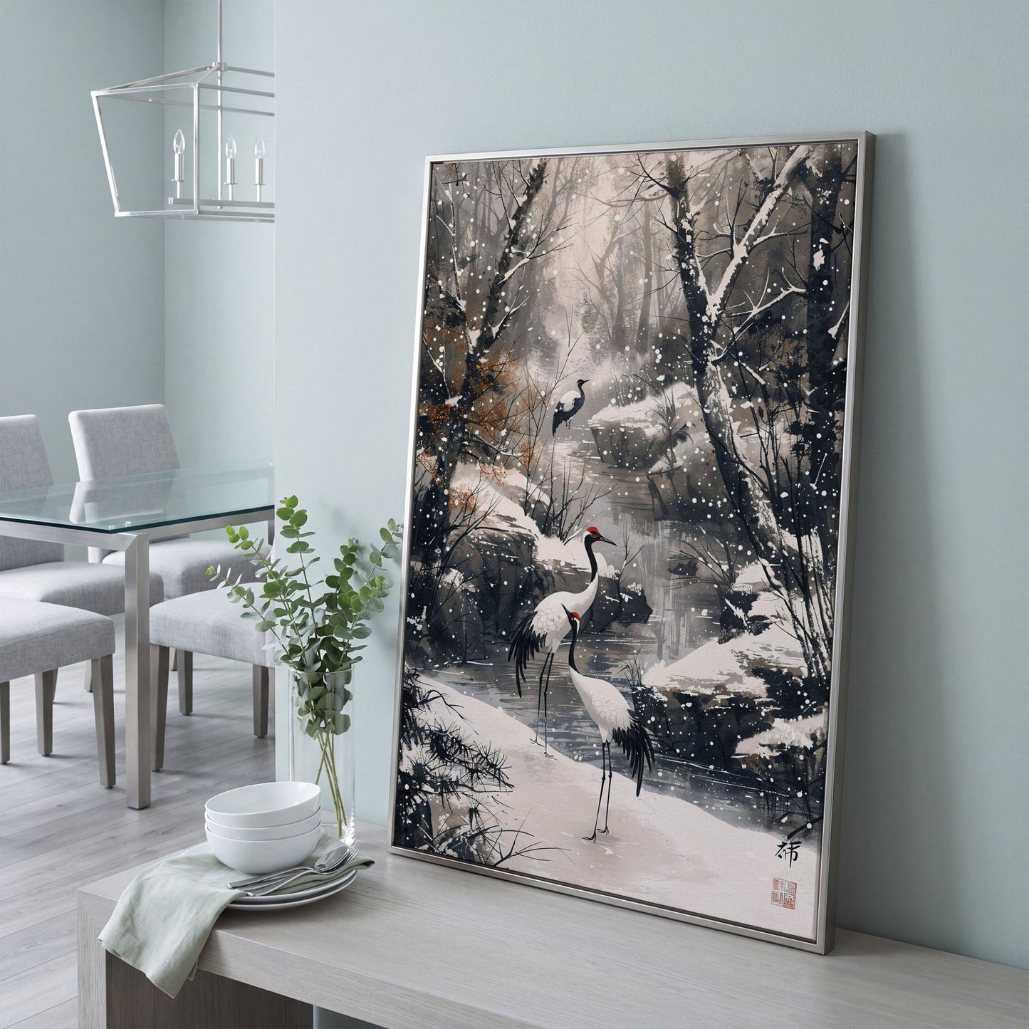 Red Cranes in Winter Forest Canvas in silver floating frame
