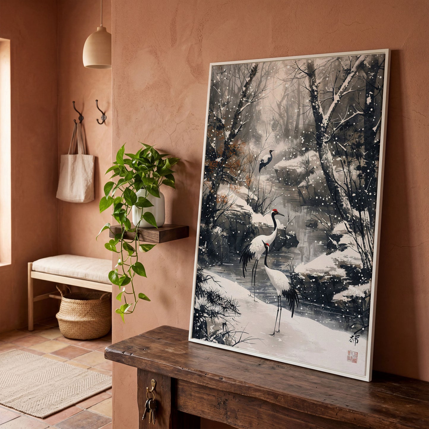 Red Cranes in Winter Forest Canvas in white floating frame