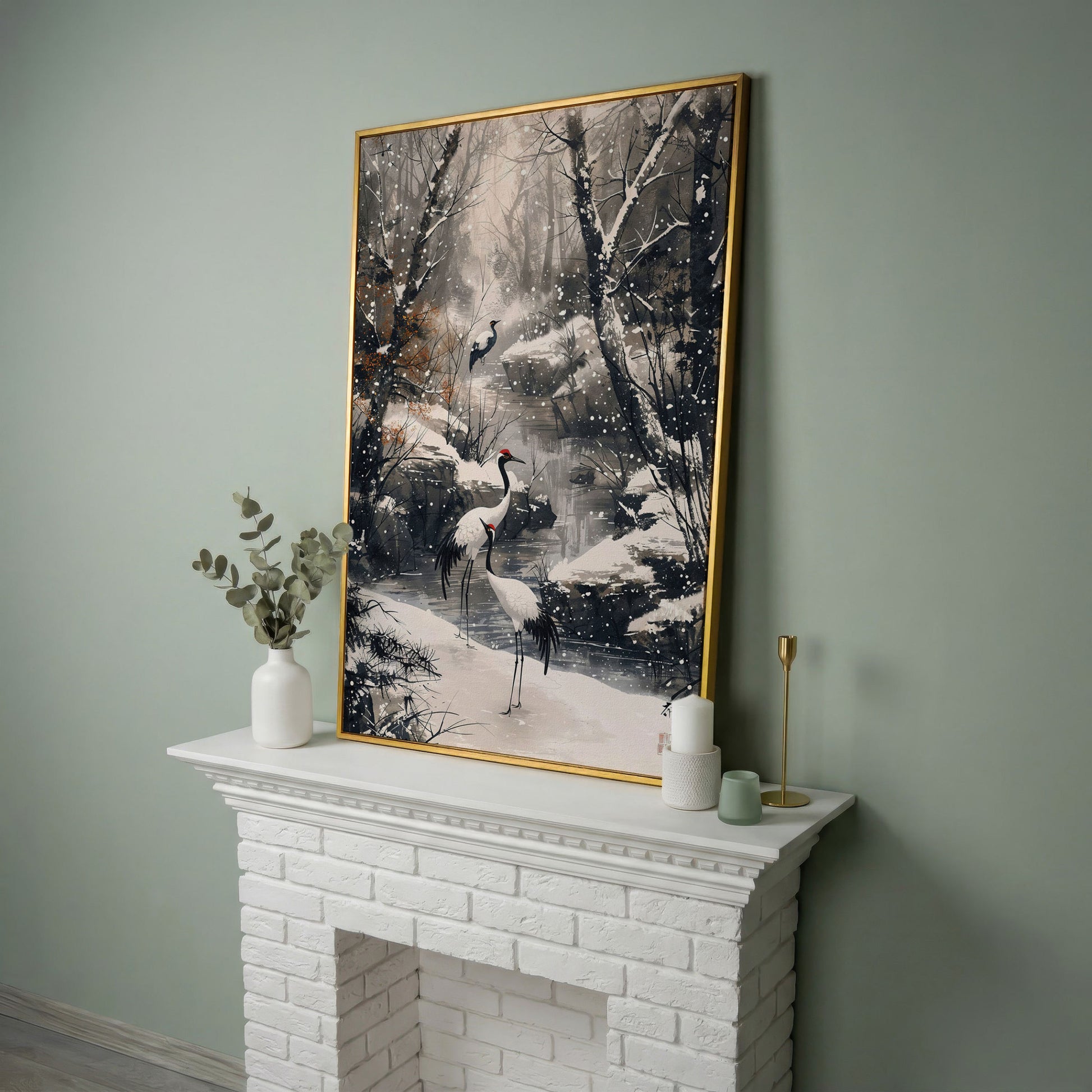 Red Cranes in Winter Forest Canvas in yellow gold floating frame