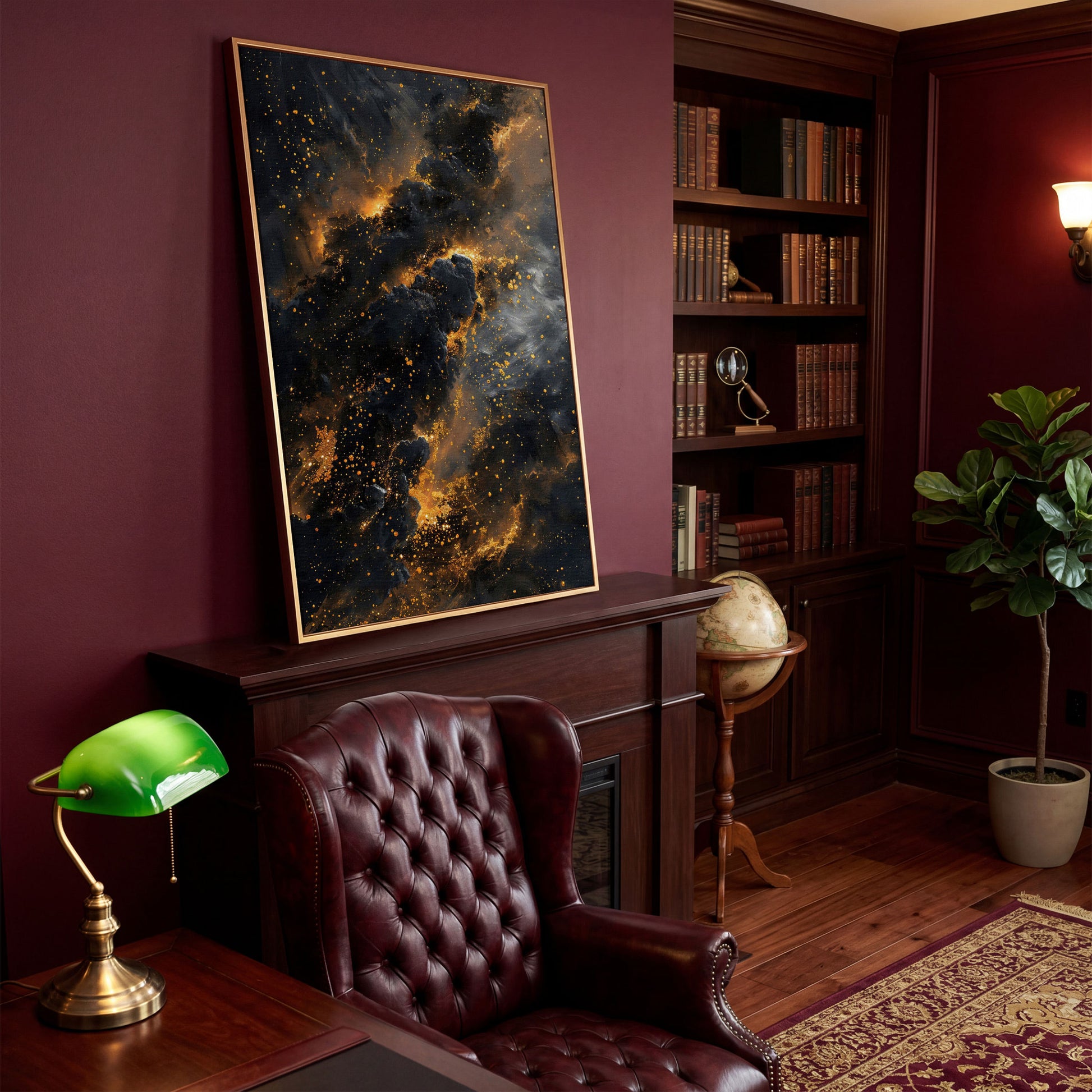 Abstract Galaxy Canvas with Charcoal and Ochre Tones in antique gold floating frame