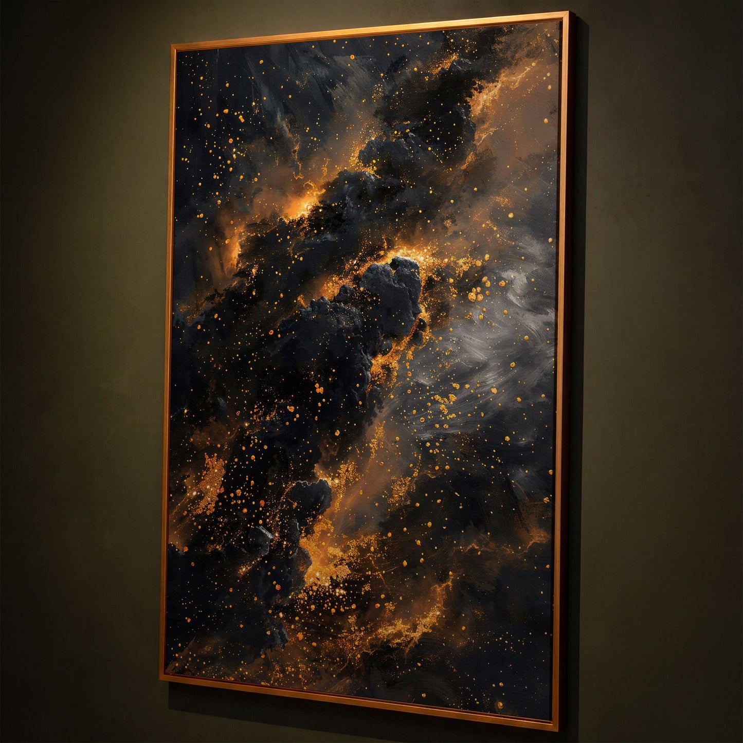 Abstract Galaxy Canvas with Charcoal and Ochre Tones shown in antique gold floating frame