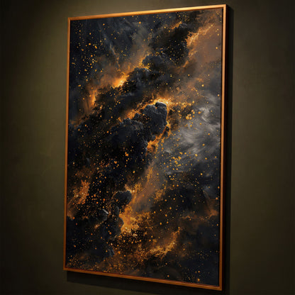 Abstract Galaxy Canvas with Charcoal and Ochre Tones shown in antique gold floating frame