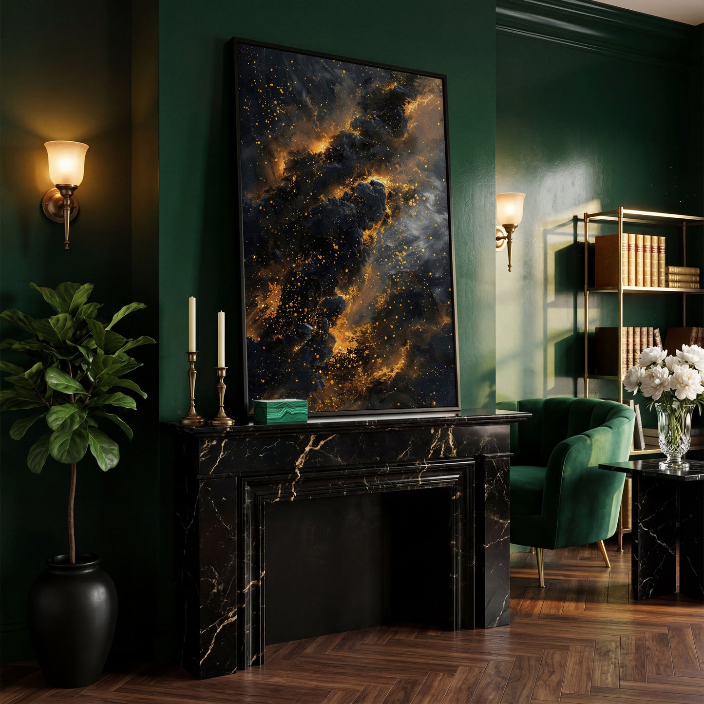 Abstract Galaxy Canvas with Charcoal and Ochre Tones in black floating frame