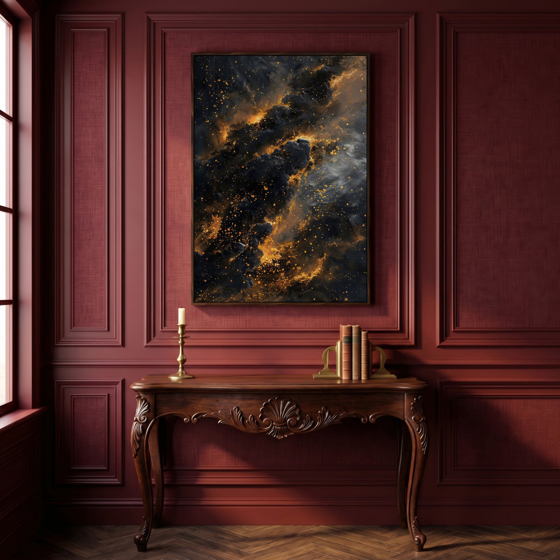 Abstract Galaxy Canvas with Charcoal and Ochre Tones in dark walnut floating frame