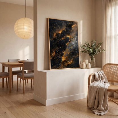 Abstract Galaxy Canvas with Charcoal and Ochre Tones in white oak floating frame