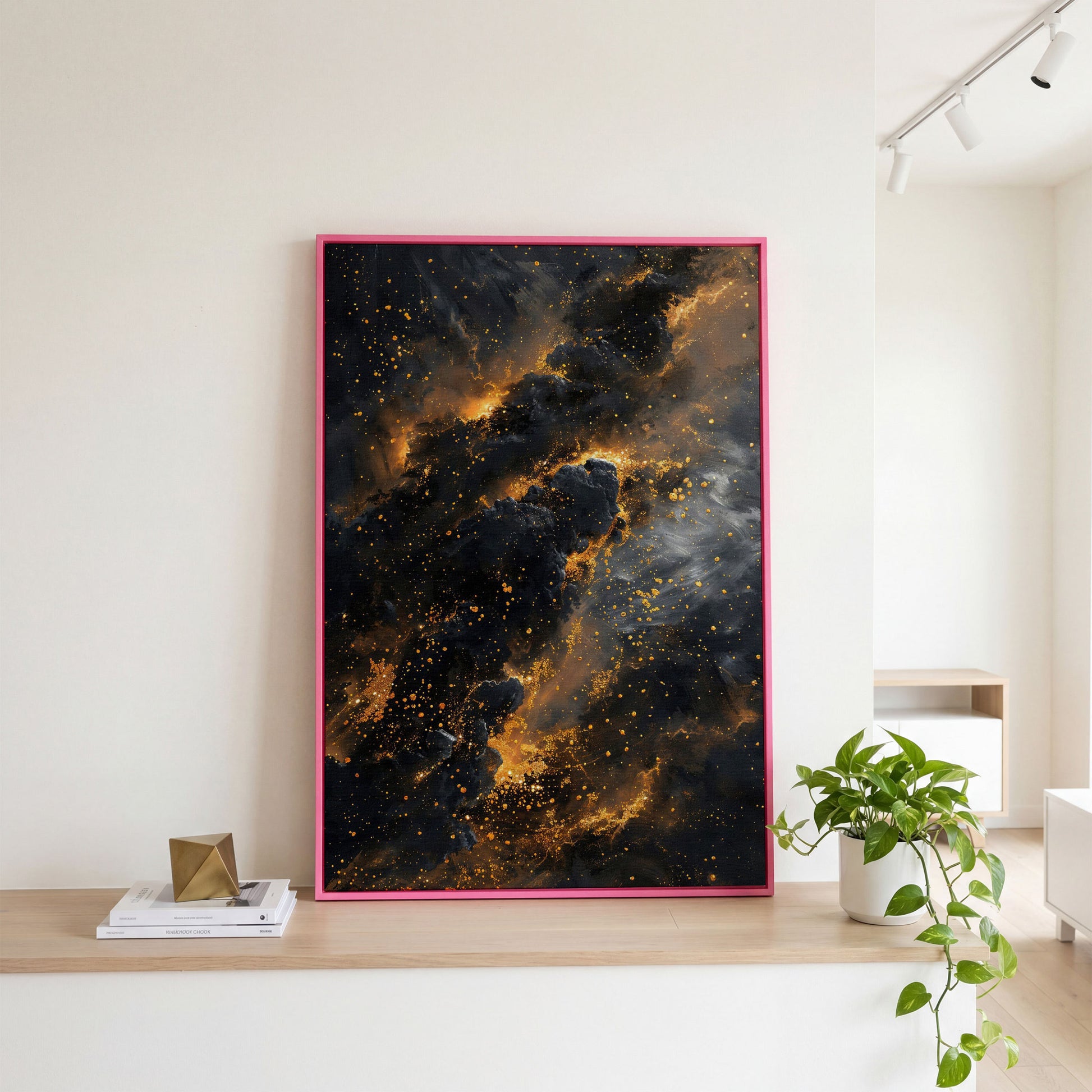 Abstract Galaxy Canvas with Charcoal and Ochre Tones in pink floating frame