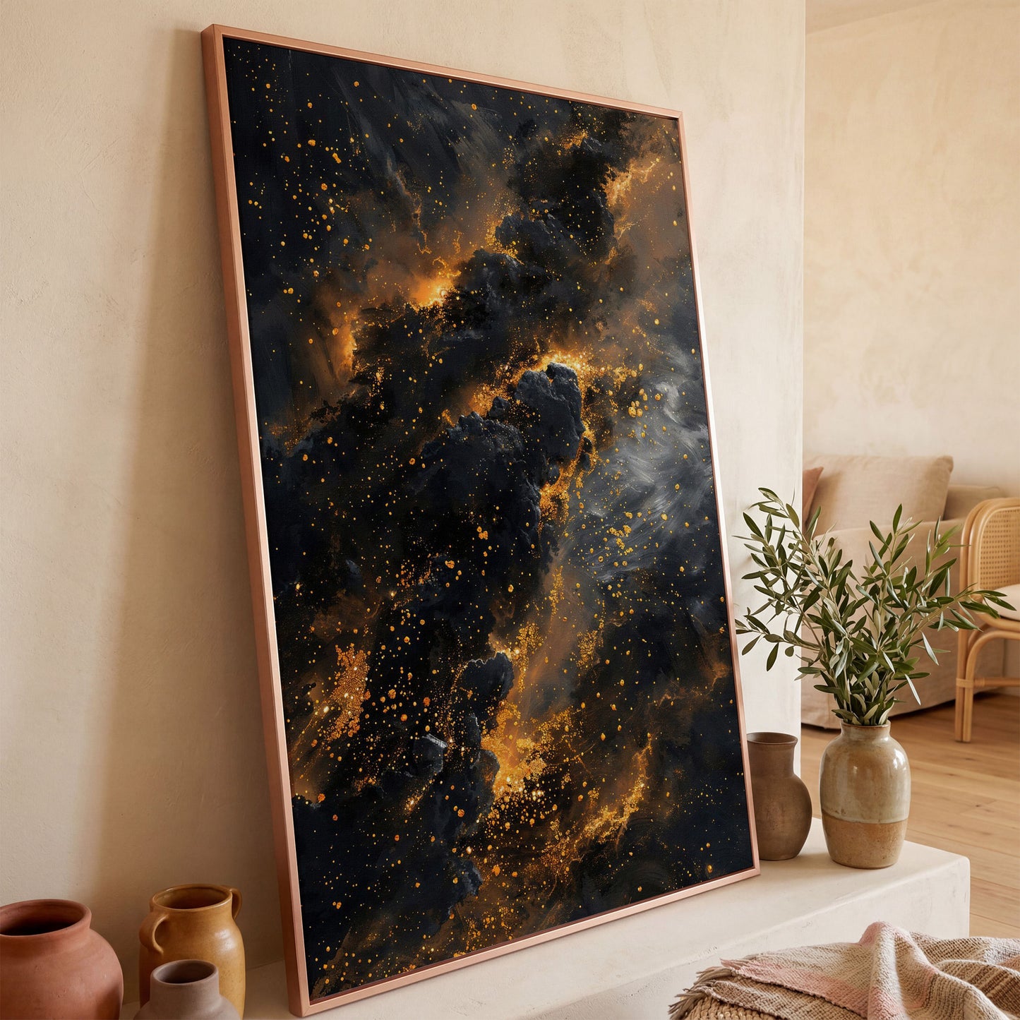 Abstract Galaxy Canvas with Charcoal and Ochre Tones in rose gold floating frame