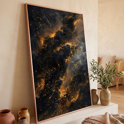 Abstract Galaxy Canvas with Charcoal and Ochre Tones in rose gold floating frame