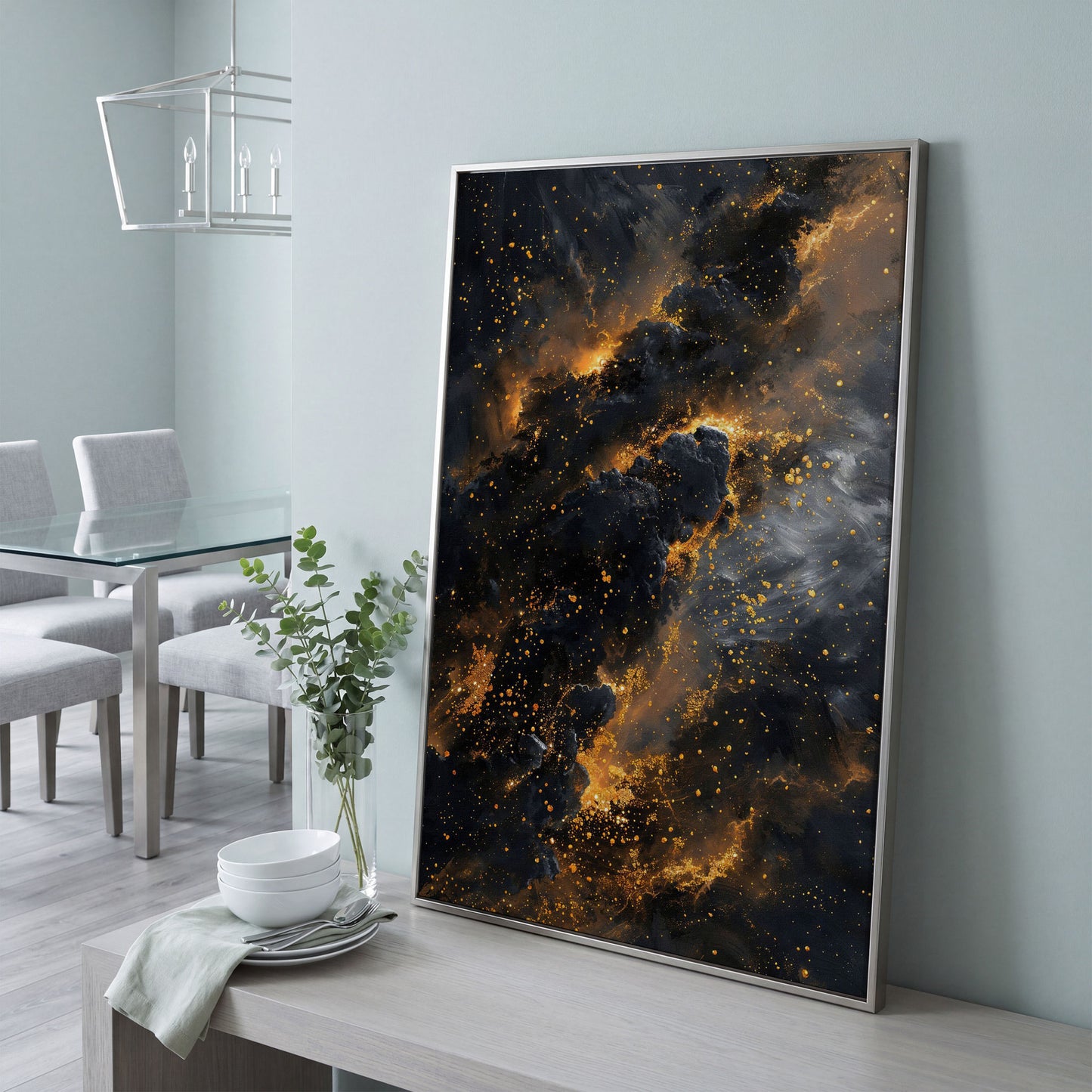 Abstract Galaxy Canvas with Charcoal and Ochre Tones in silver floating frame